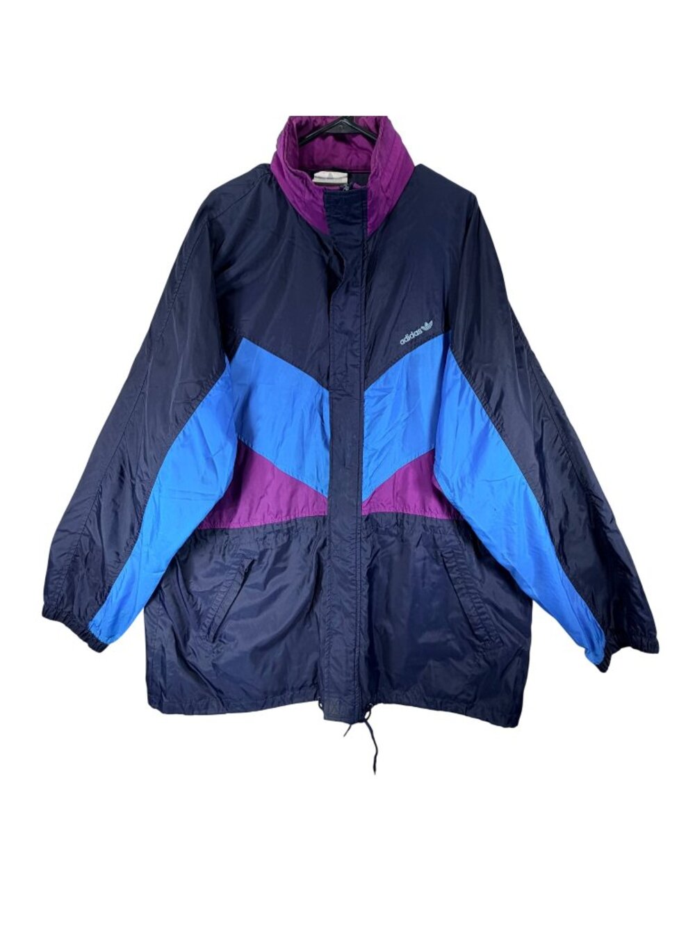 Vtg Adidas Windbreaker Jacket Black Blue Purple LG Hood Pockets 90s Full Zip